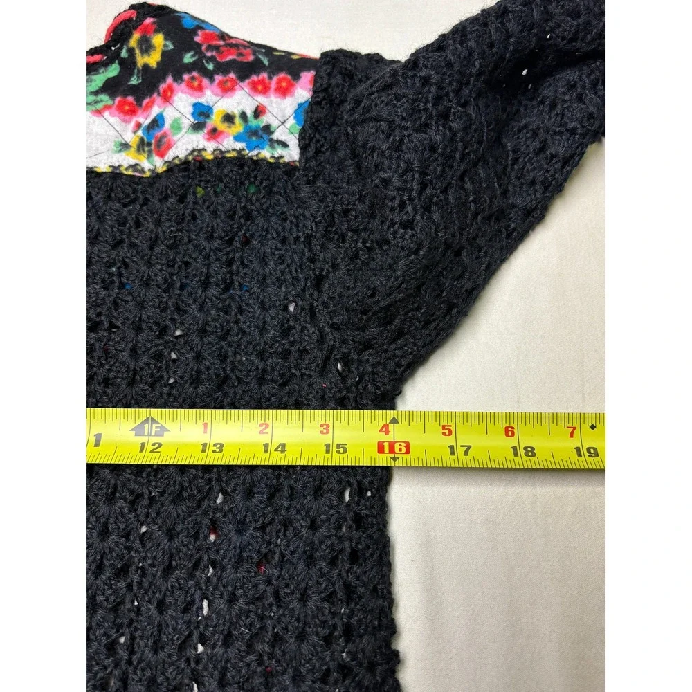 Free People Crochet Knit Floral Quilted Tunic Top Black Women XS Wool Blend Boho
